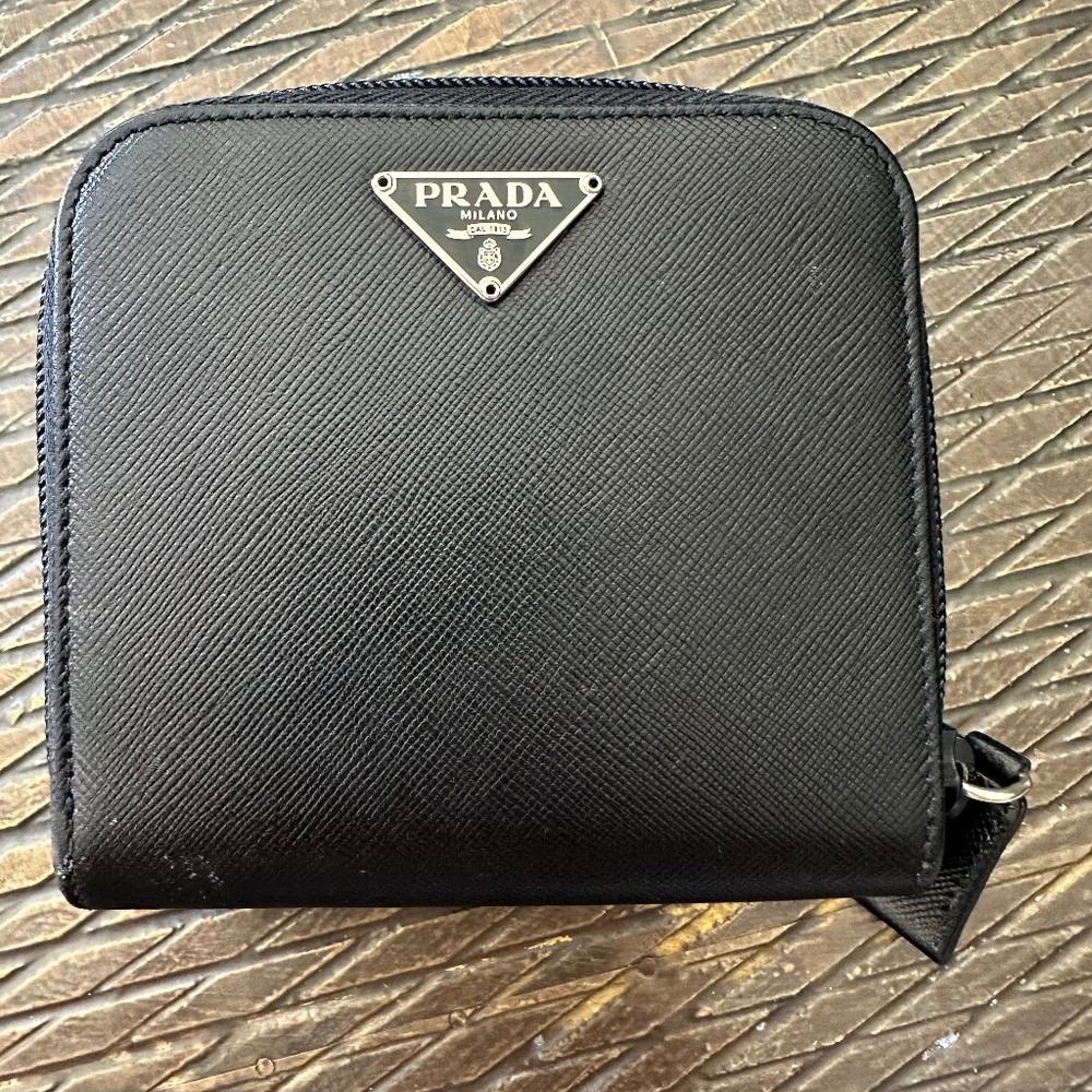 Prada Saffiano Bi-fold Zip Around Wallet Black